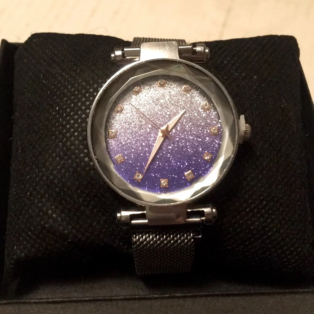 Quartz Glitter Purple/ Army Green Case Cover W/ Grey Straps Waterproof Watch